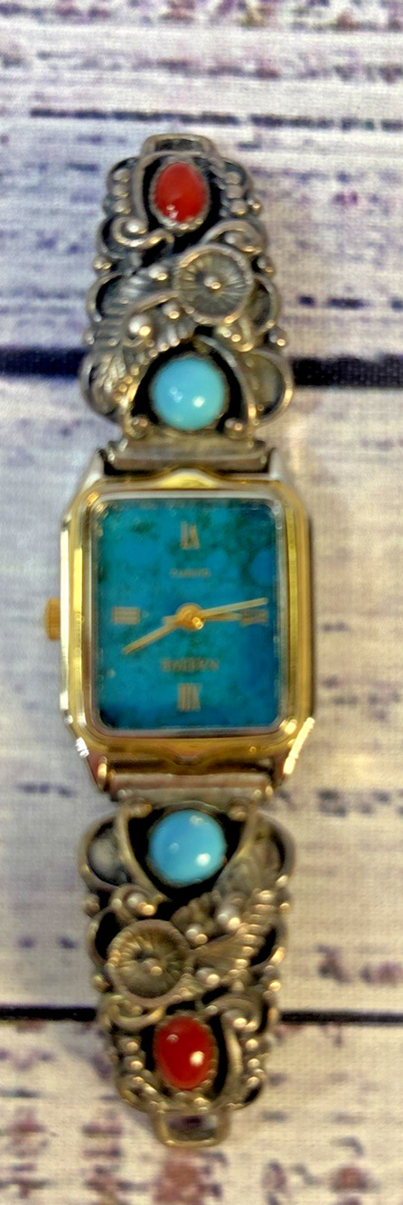 Vintage Native American Sterling Silver Turquoise Coral Watch Cuff For Repair Pa